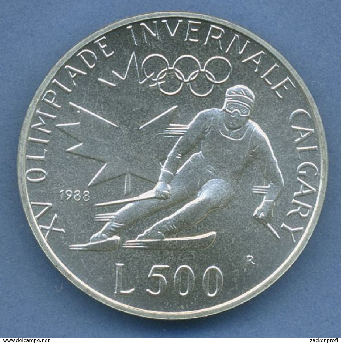 San Marino 500 Lire 1988 Olympia Skifahrer, Silber, KM 216 Vz/st (m4434) - San Marino