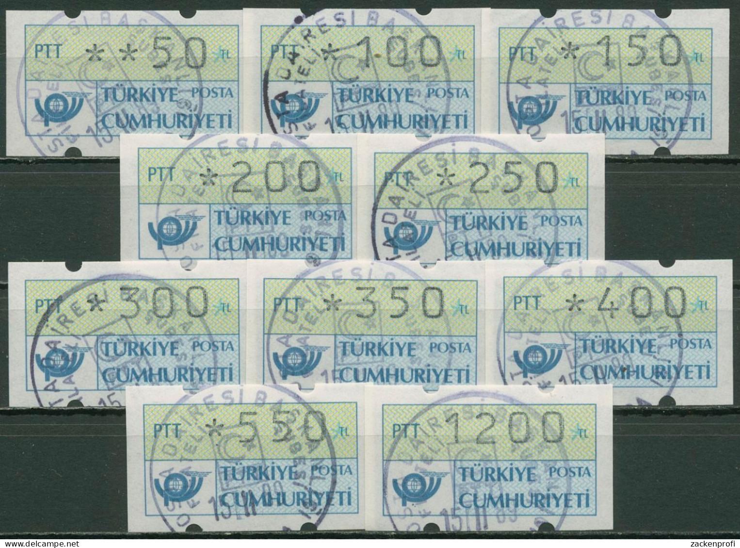 Türkei ATM 1987 Postemblem Satz 10 Werte ATM 1.1 S2 Gestempelt - Automatenmarken