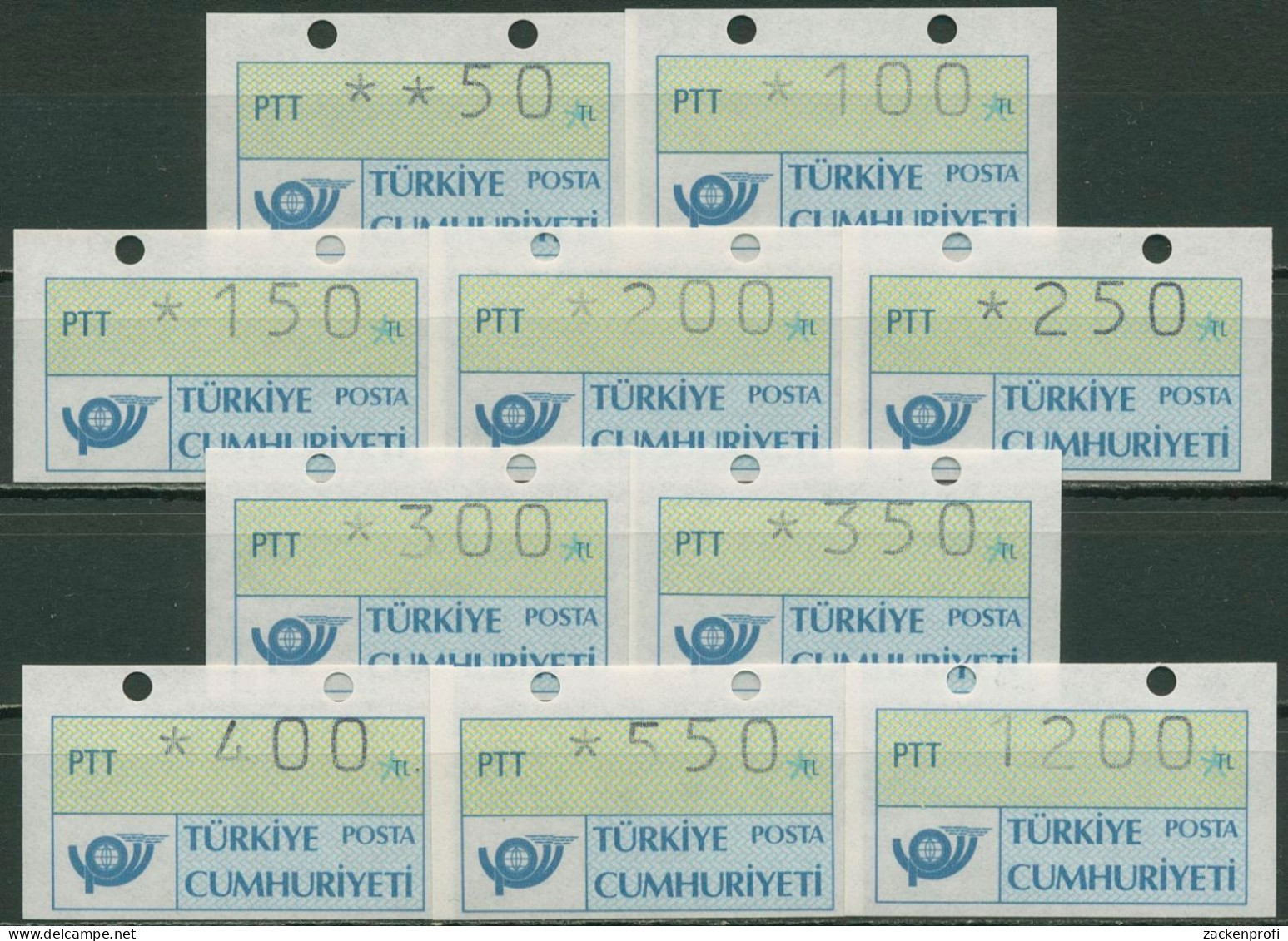 Türkei ATM 1987 Postemblem Satz 10 Werte ATM 1.2 S2 Postfrisch - Automaten