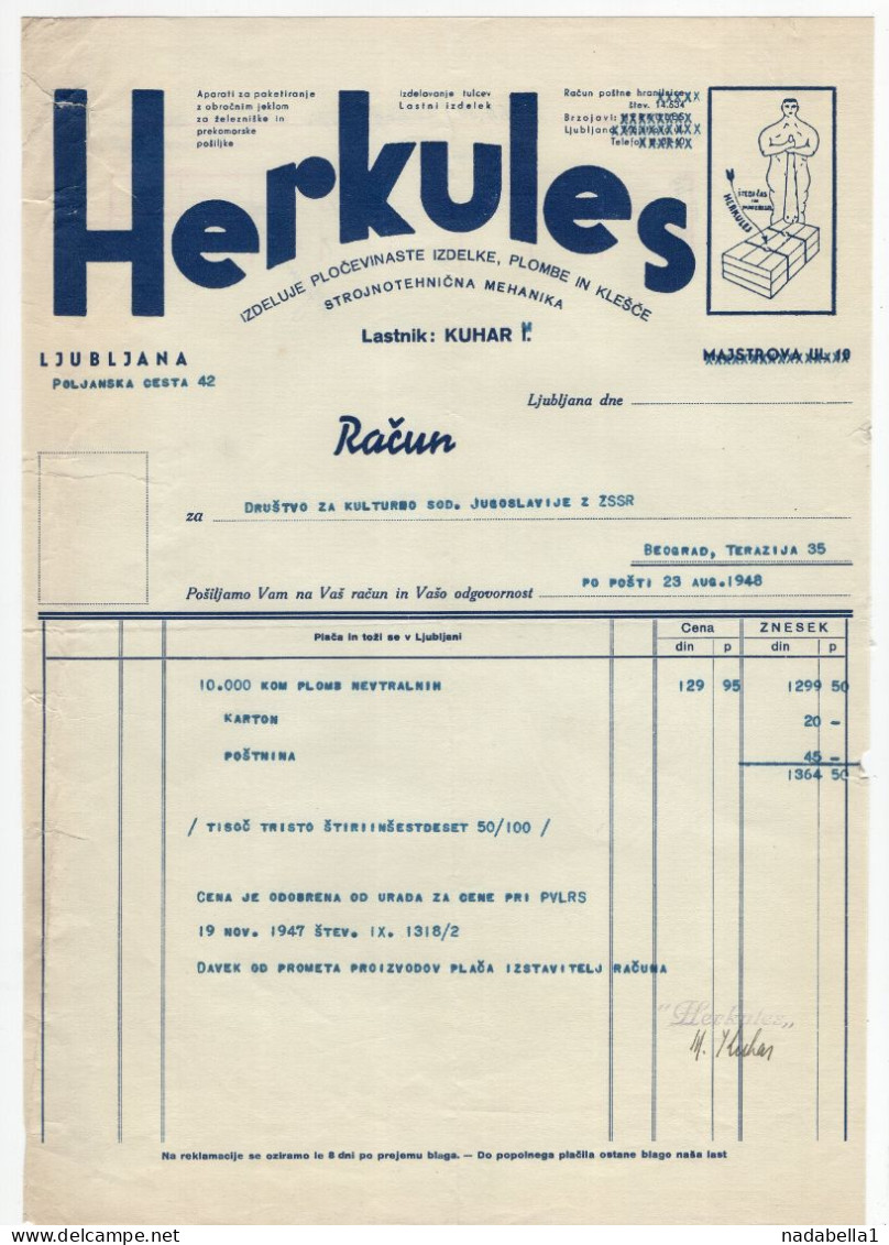 1948. YUGOSLAVIA,SLOVENIA,LJUBLJANA,HERKULES,METAL WORKS,INVOICE ON LETTERHEAD - Other & Unclassified