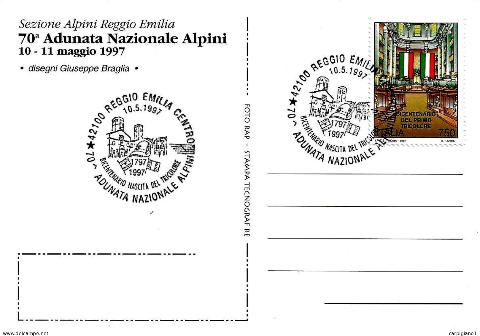 ITALIA ITALY - 1997 REGGIO EMILIA 70^ Adunata Nazionale Alpini E Bicentenario Tricolore Su Cartolina Speciale - 1001 - 1991-00: Poststempel