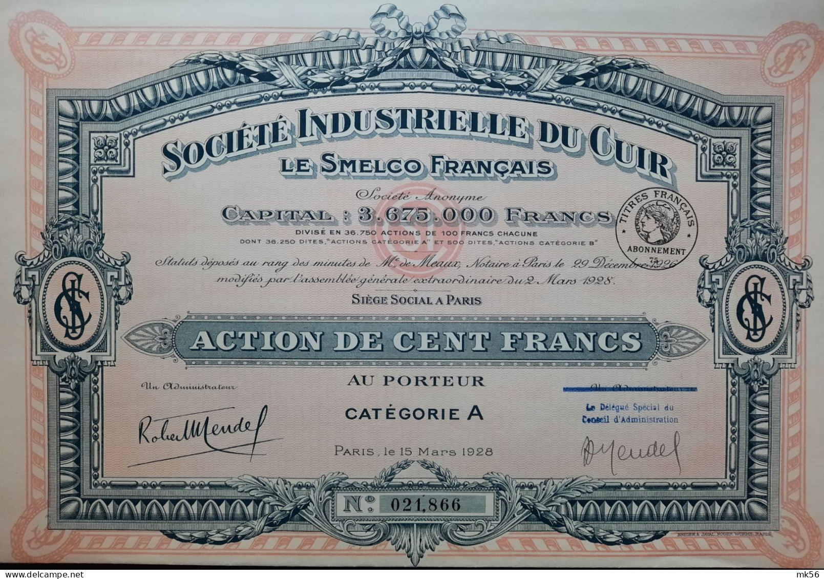 Société Industrielle Du Cuir - Action De 100 Francs - Paris - 1928 - Industrial