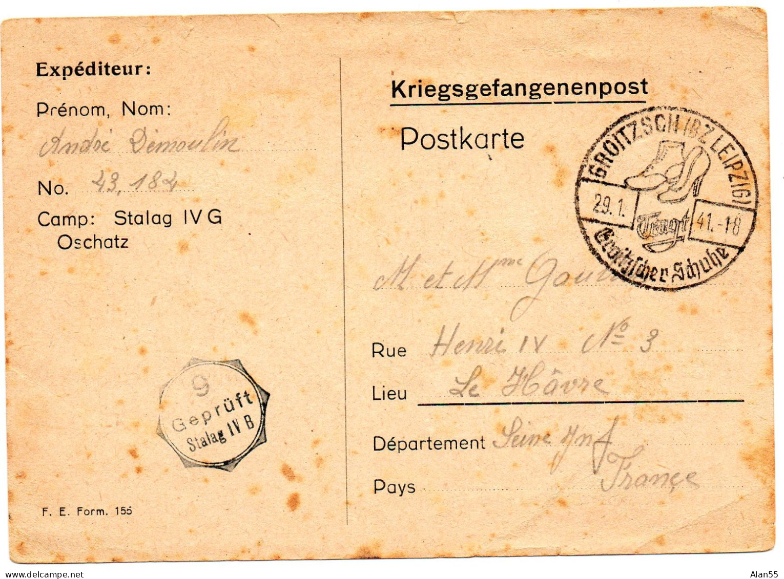 ALLEMAGNE.1941 "CHAUSSURES" SUR RARE FORMULAIRE.. STALAG IV G. "GROITZSCH (BZ LEIPZIG)-". .CENSURE. - Andere & Zonder Classificatie