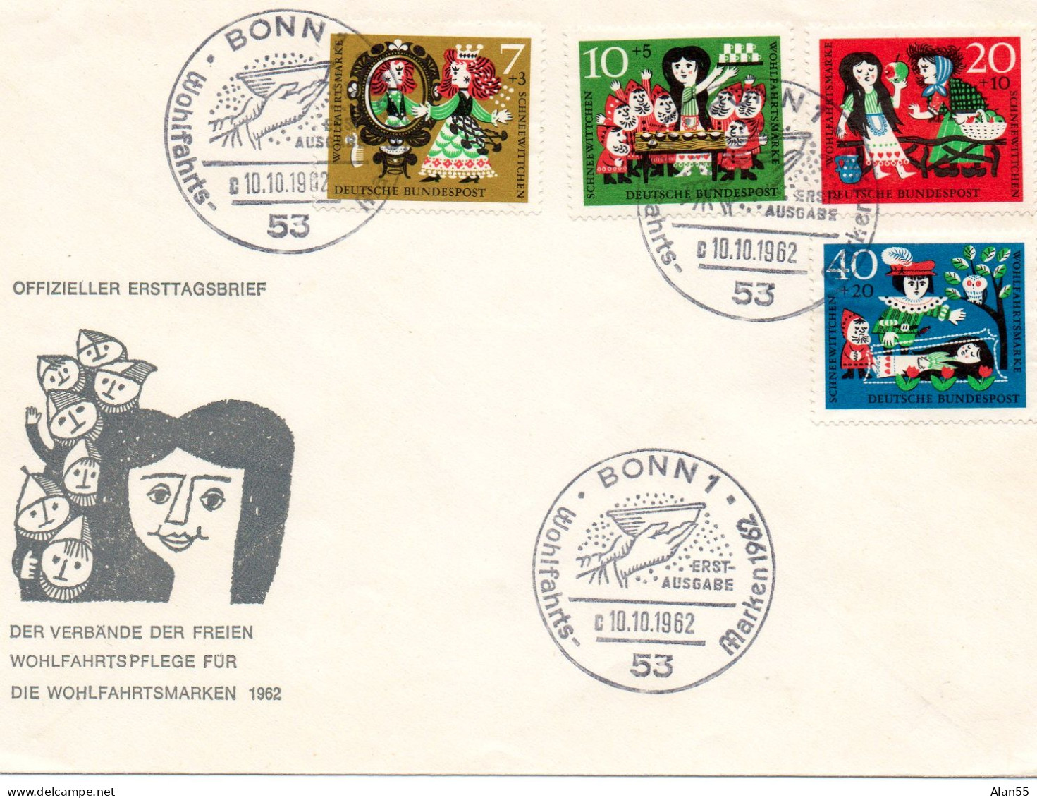 ALLEMAGNE.1962.FDC  "BLANCHE NEIGE" GRIMM.Surtaxe "SEVICE DE L'HUMANITE". - Fiabe, Racconti Popolari & Leggende