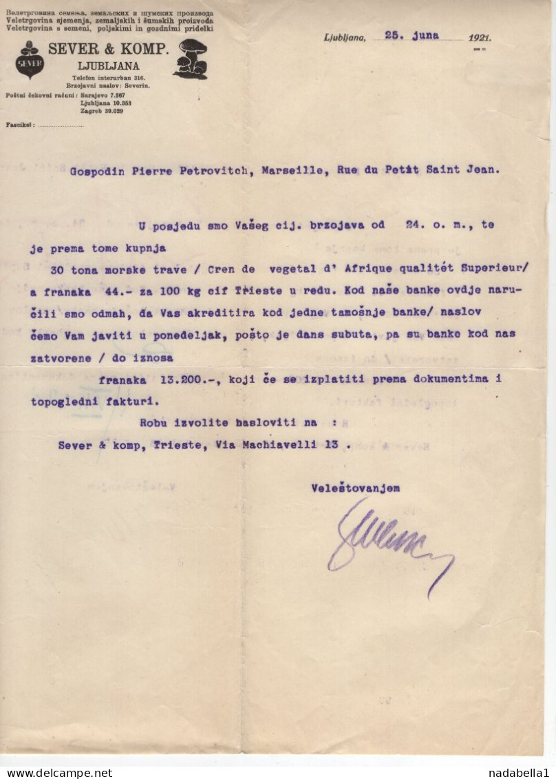 1921. KINGDOM OF SHS,SLOVENIA,LJUBLJANA,SEVER & COMPANY,LETTER TO MARSEILLE,FRANCE,SEAWEED ORDER - Autres & Non Classés