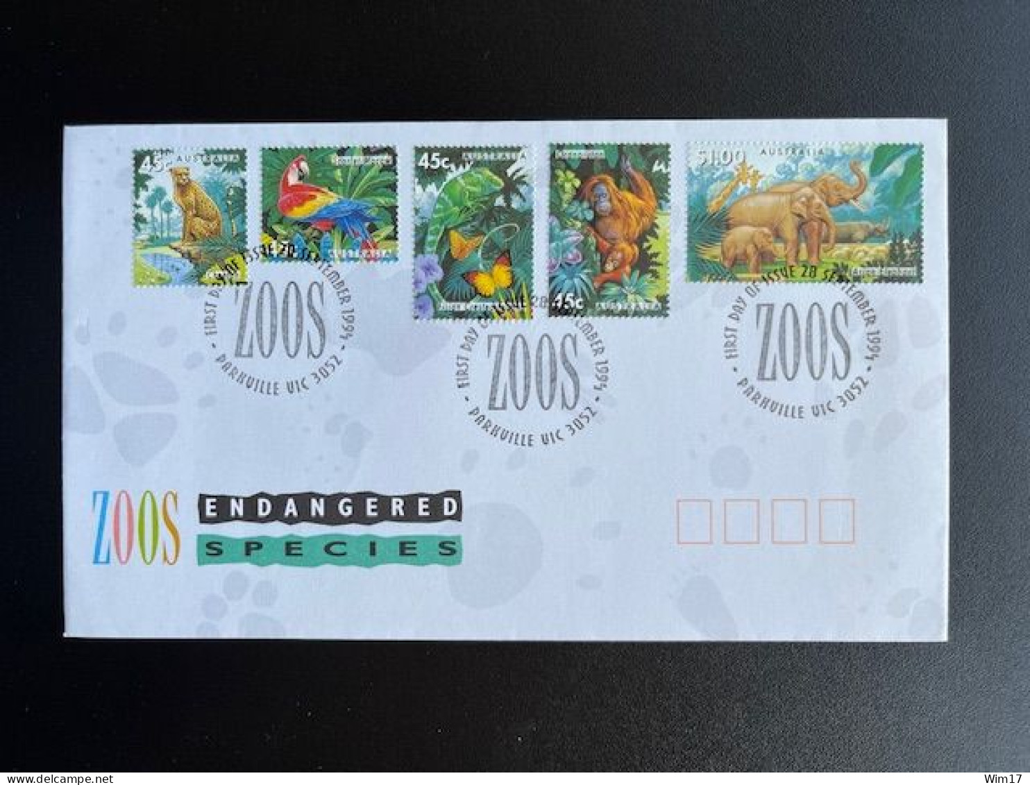 AUSTRALIA 1994 FDC ENDANGERED SPECIES ZOOS 28-09-1994 ELEPHANTS APES BIRDS - Premiers Jours (FDC)