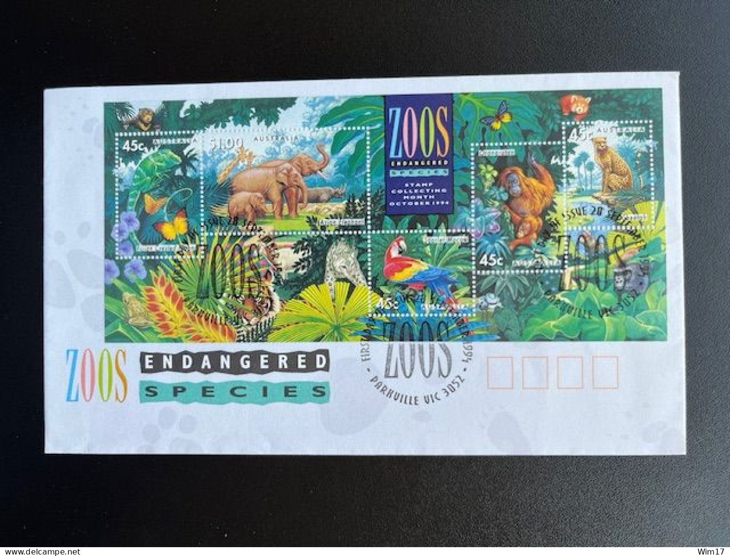 AUSTRALIA 1994 FDC ENDANGERED SPECIES ZOOS 28-09-1994 ELEPHANTS APES BIRDS - FDC