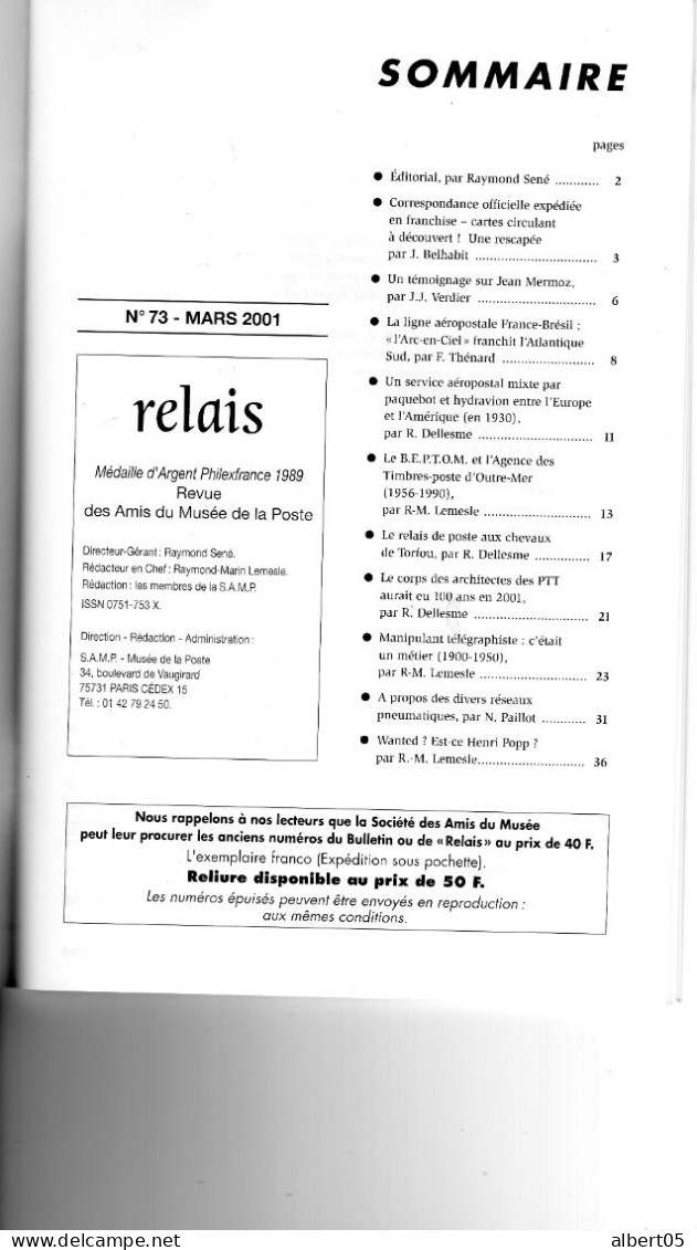Relais N° 73 - Mars 2001 - Revue Des Amis Dela Poste - Avec Sommaire - Mermoz - Aéropostale - Pneumatiques........ - Philately And Postal History
