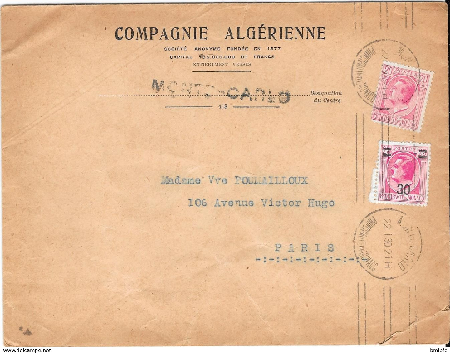Sur Lettre Du 22-1-30 COMMPAGNIE ALGÉRIENNE MONTE-CARLO - Lettres & Documents
