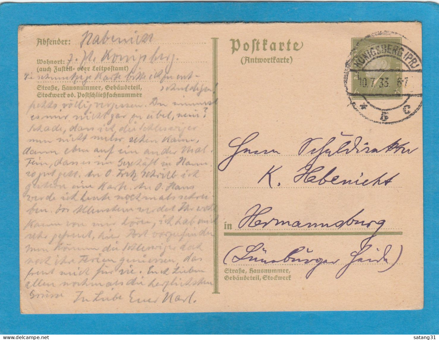 P 200 ANTWORT. GANZSACHE AUS KÖNIGSBERG NACH HERMANNBURG. - Postcards