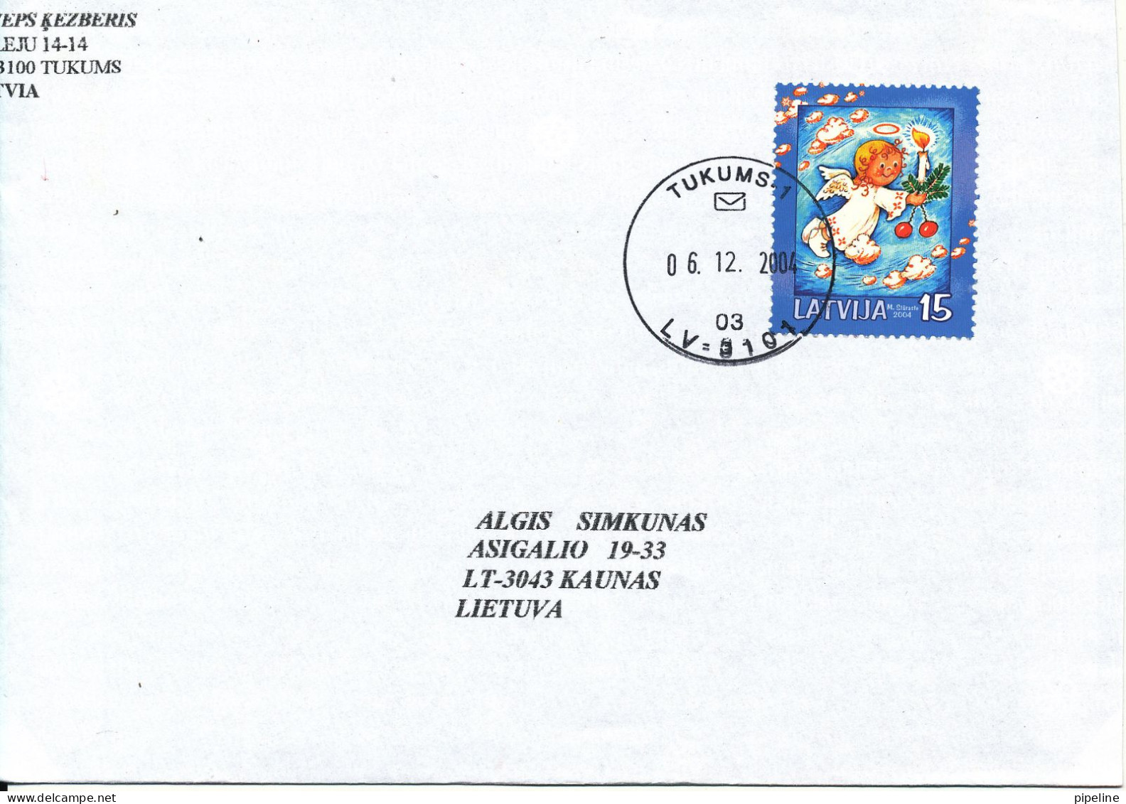 Latvia Cover Sent To Lithuania 6-12-2004 Single Franked Christmas Stamp - Letonia