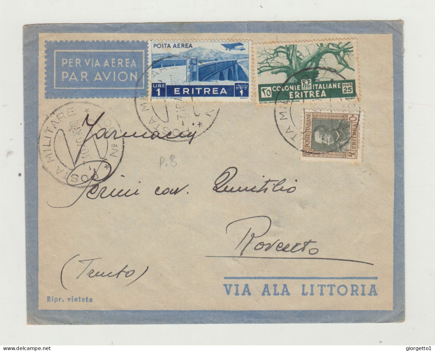 BUSTA SENZA LETTERA - VIA ALA LITTORIA - POSTA MILITARE DEL 1940 COLONIA ITALIANA ERITREA WW2 - Marcophilie (Avions)