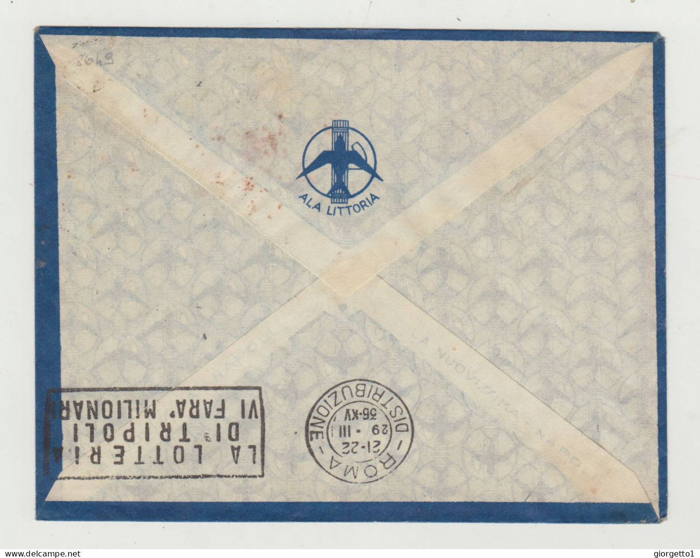 BUSTA SENZA LETTERA - VIA ALA LITTORIA - DIRE DAUA DEL 1937 - ERITREA ANNULLO LA LOTTERIA DI TRIPOLI VIA FARà MILIONARI - Marcophilie (Avions)