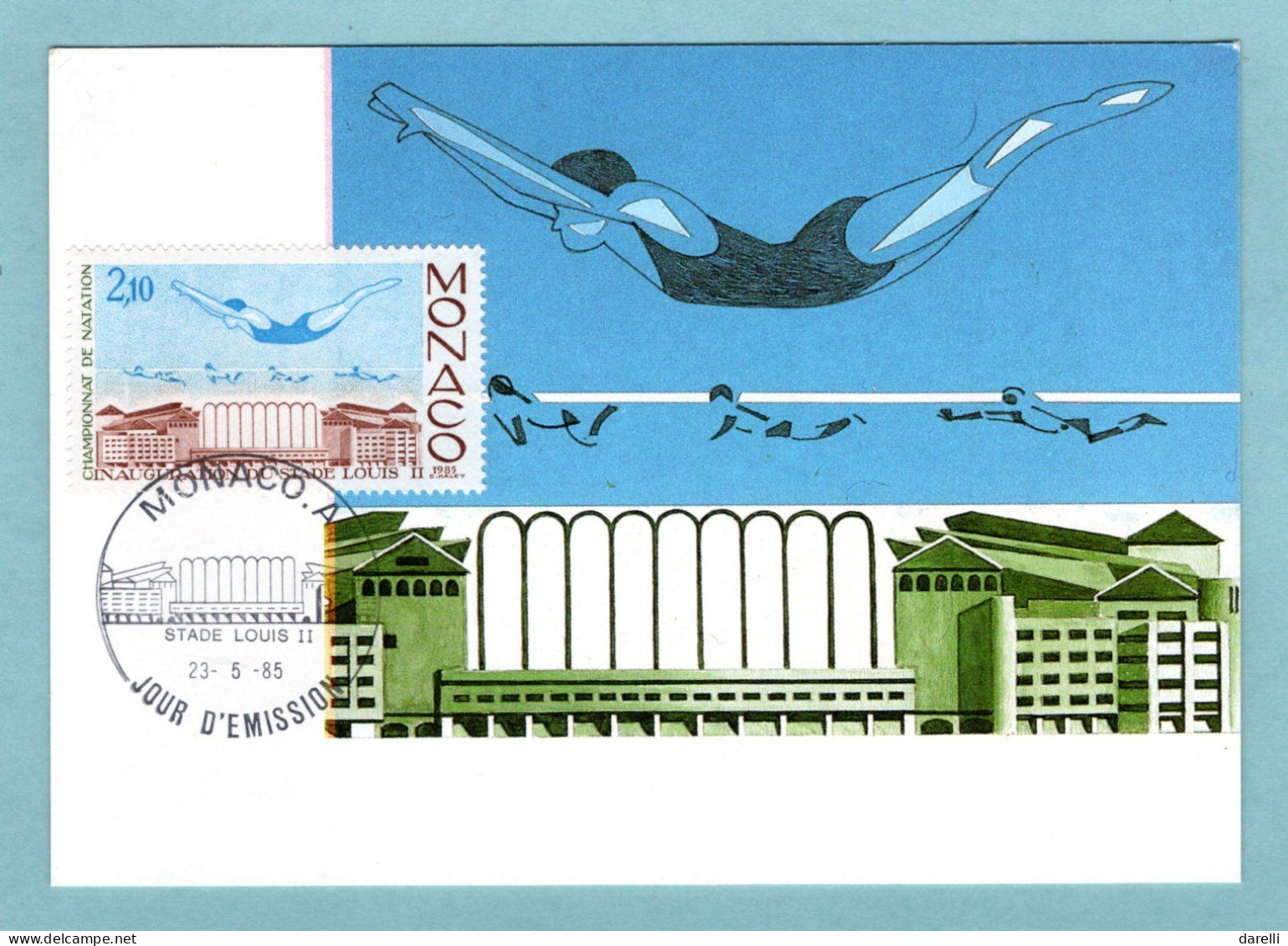 Carte Maximum  Monaco 1985 - Championnat De Natation - Inauguration Du Stade Louis II - YT 1476 - Maximum Cards