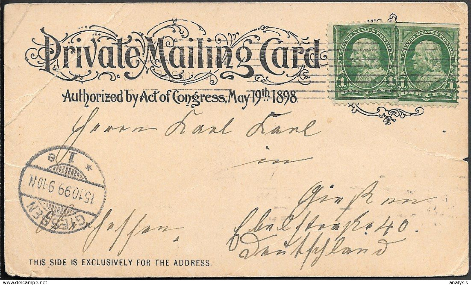 USA New York Postcard Mailed To Germany 1899. 2x 1c Stamps Franklin - Cartas & Documentos