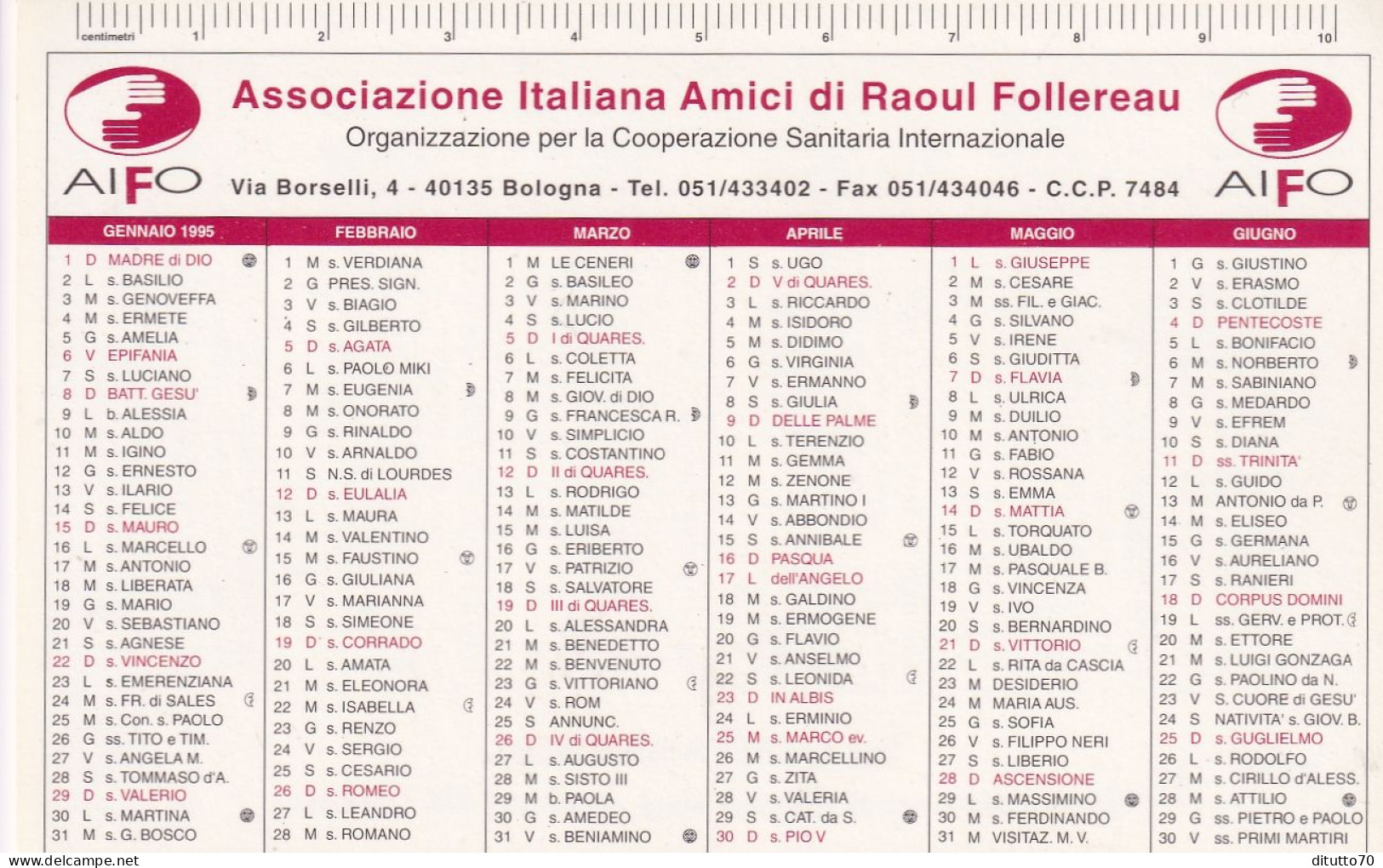 Calendarietto - Associazione Italina Amici Di Raoul Follereau - Bologna - Anno 1995 - Petit Format : 1991-00