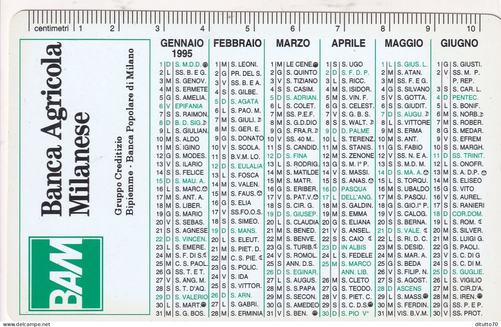 Calendarietto - Banca Agricola Milanese - Anno 1995 - Petit Format : 1991-00