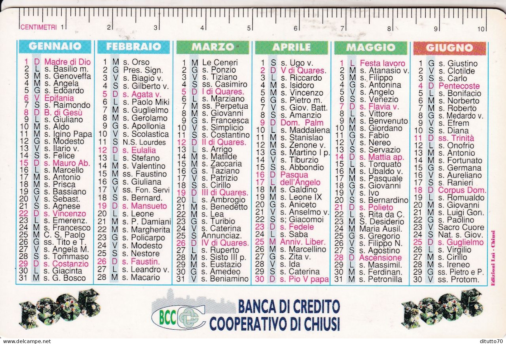 Calendarietto - Banca Di Credito Cooperativo Di Chiusi - Anno 1995 - Petit Format : 1991-00