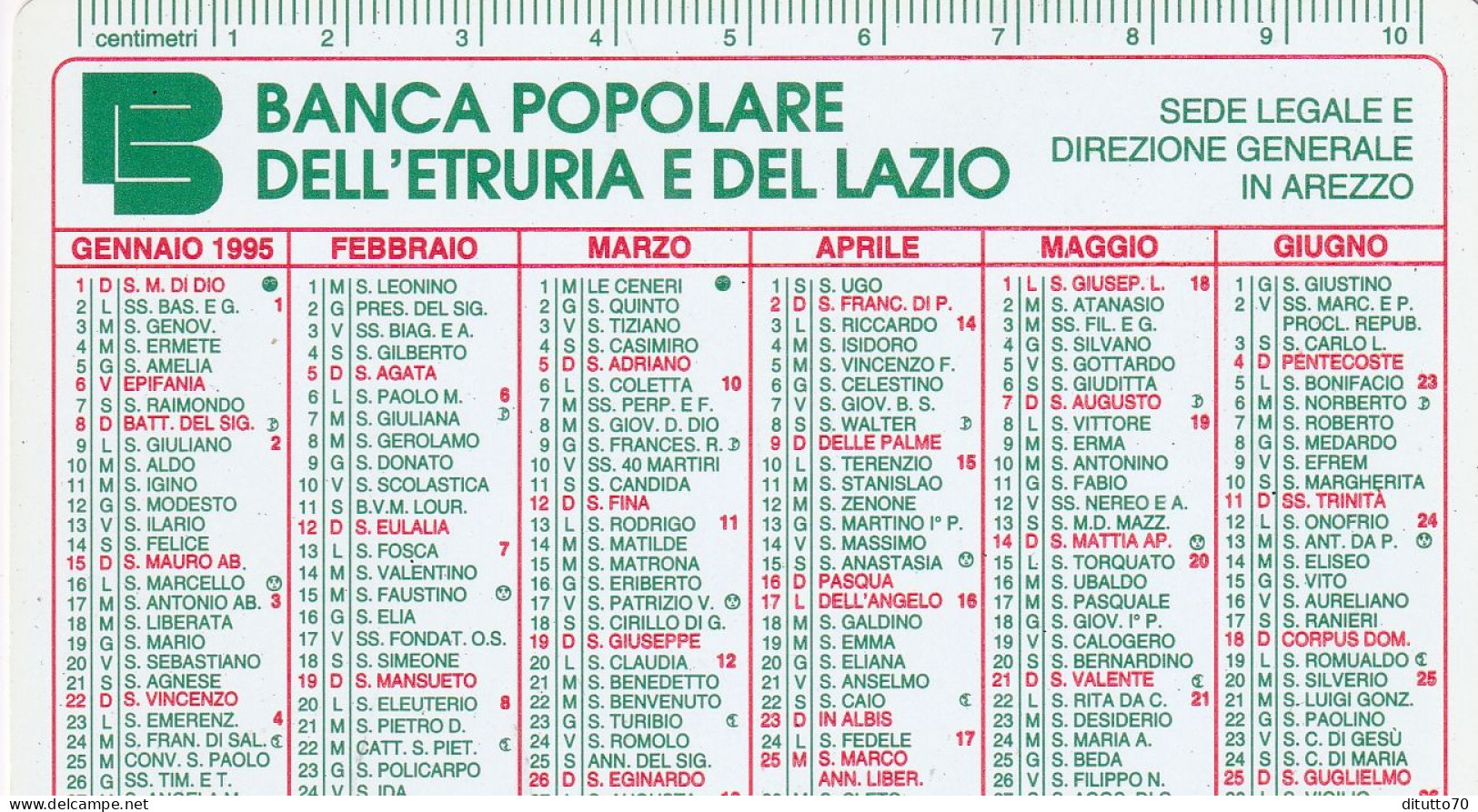 Calendarietto - Banca Popolare Dell'etruria E Del Lazio - Arezzo - Anno 1995 - Petit Format : 1991-00