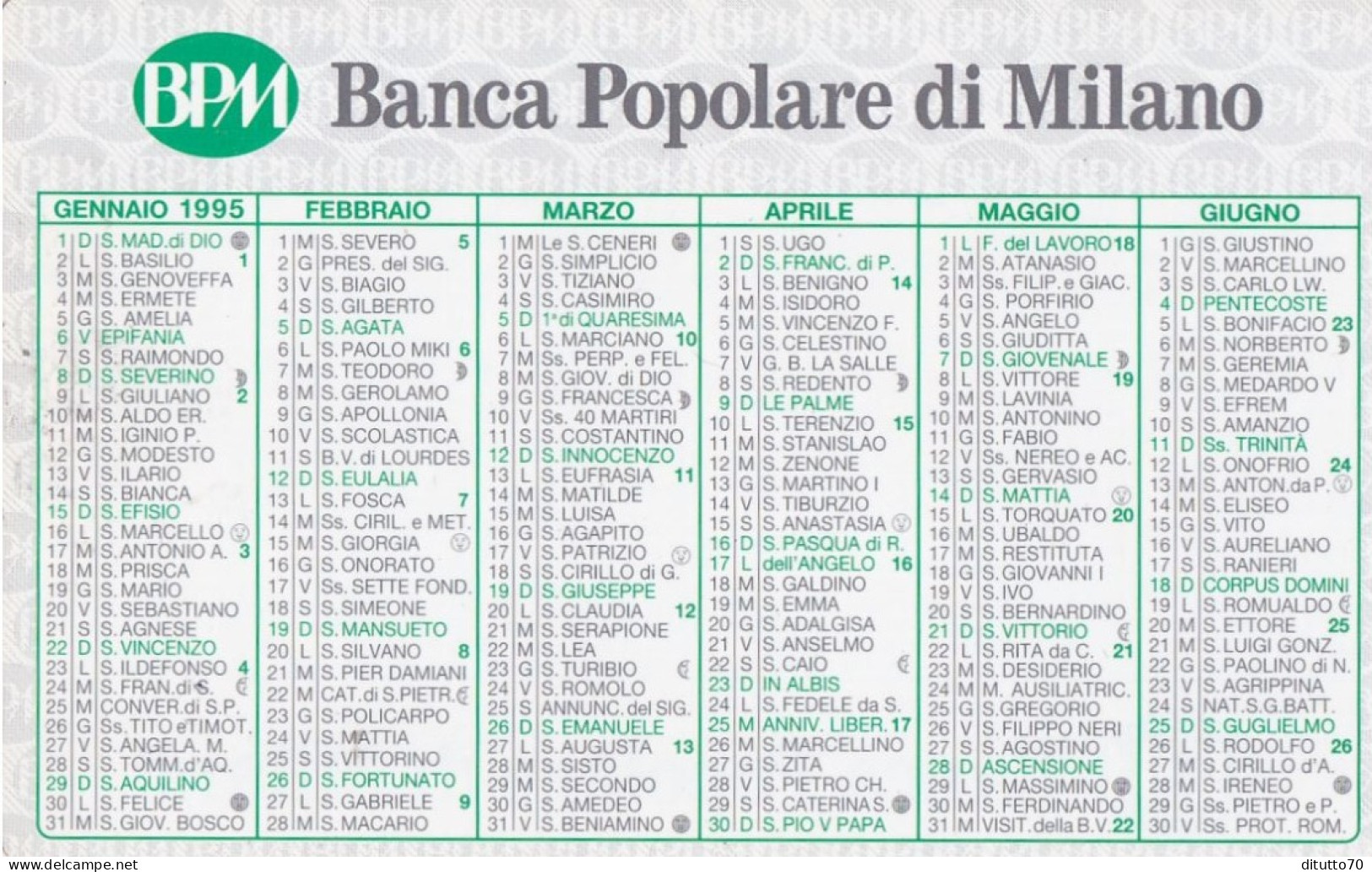 Calendarietto - Banca Popolare Di Milano - Anno 1995 - Petit Format : 1991-00