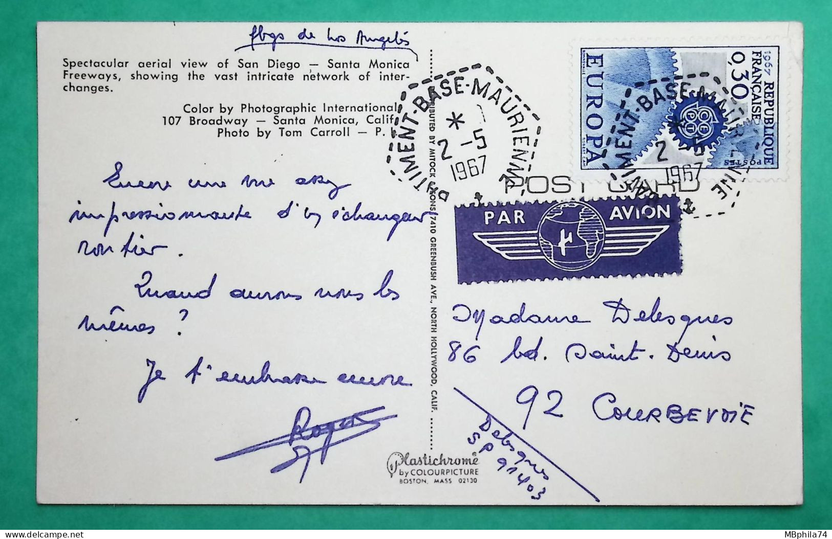 N°1521 EUROPA CARTE POSTALE BATIMENT BASE MAURIENNE PAR AVION POUR COURBEVOIE 1967 POST CARD FRANCE - Poste Aérienne Militaire