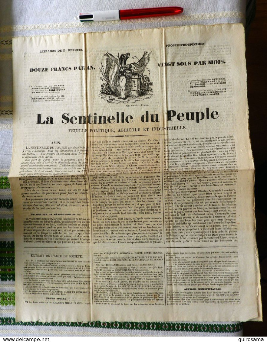 Prospectus De La Sentinelle Du Peuple - Alexandre Labot - Vers 1851 - Politik