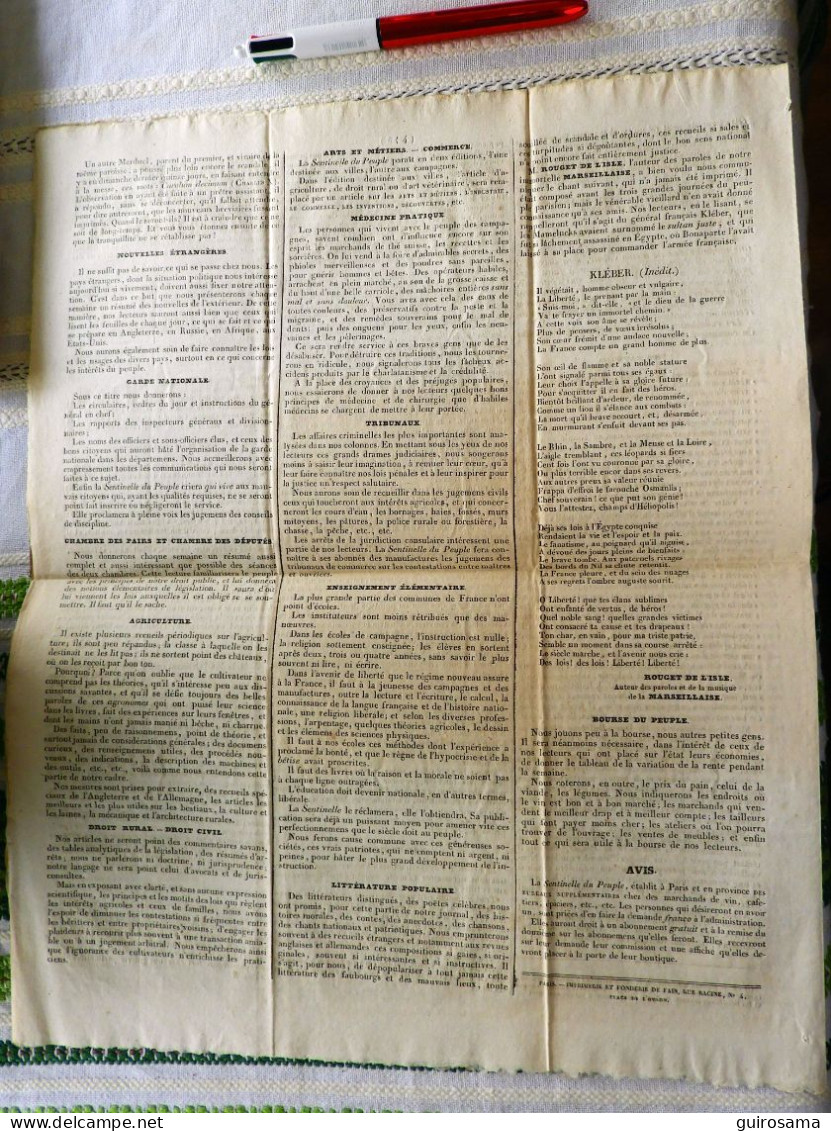 Prospectus De La Sentinelle Du Peuple - Alexandre Labot - Vers 1851 - Politique