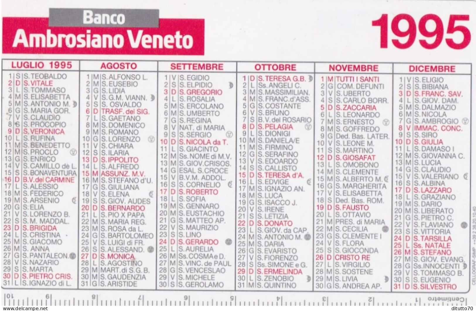 Calendarietto - Banco Ambrosiano Veneto - Anno 1995 - Formato Piccolo : 1991-00