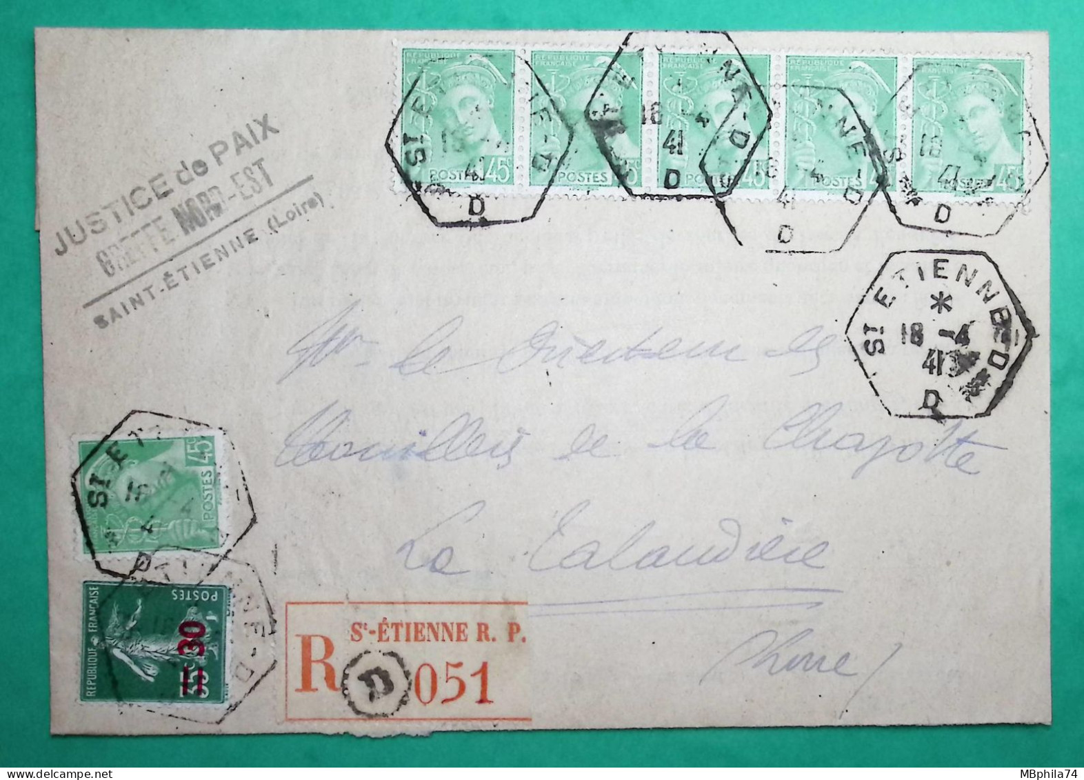 N°414 X6 + 476 MERCURE SEMEUSE SURCHARGE RECOMMANDE ST ETIENNE LOIRE POUR LA TALAUDIERE 1941 LETTRE COVER FRANCE - 1938-42 Mercure