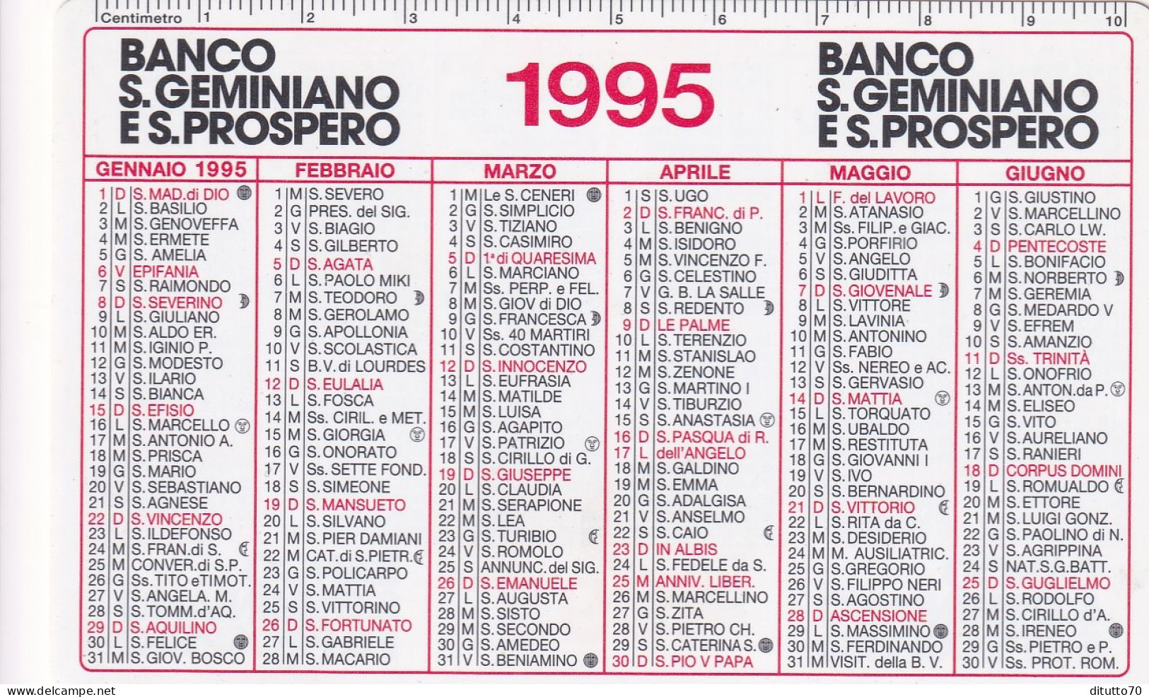 Calendarietto - Banco S.geminiano E S.prospero - Anno 1995 - Petit Format : 1991-00