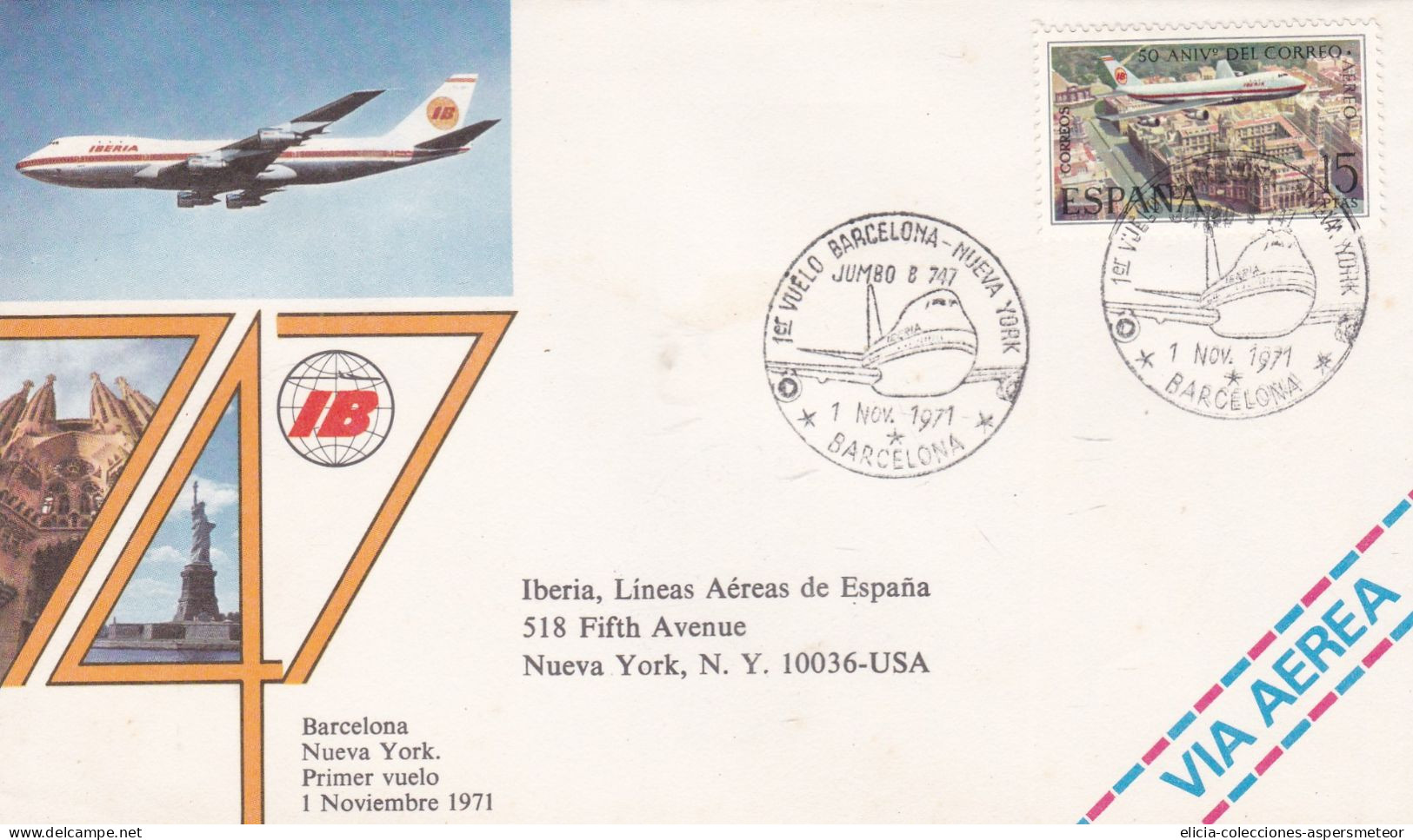 Spain - 1971 - Air Mail - First Flight From Barcelona To New York  - Caja 30 - Brieven En Documenten
