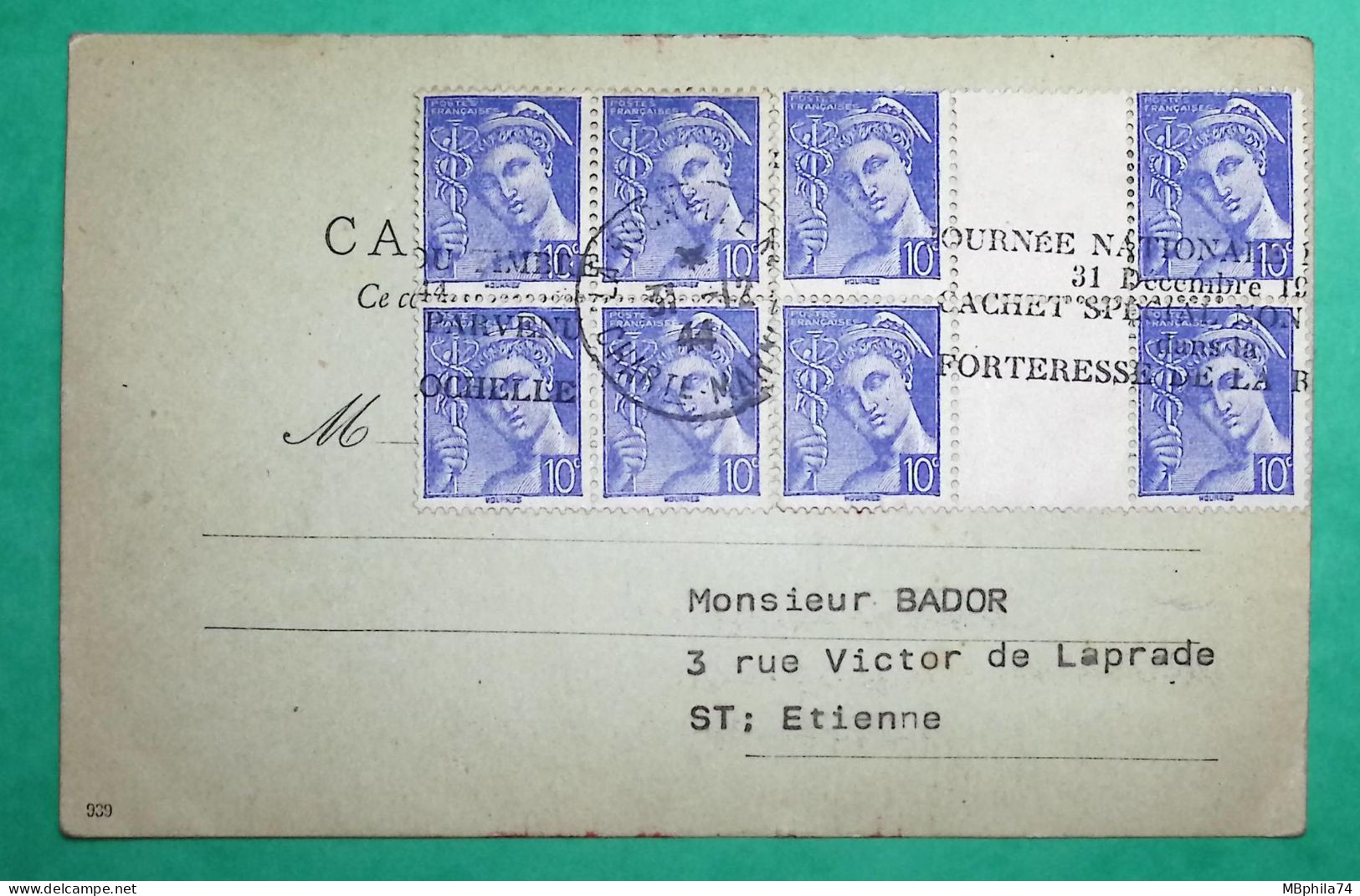 N°546 BLOC DE 8 INTERPANNEAU MERCURE SURCHARGE JOURNEE NATIONALE CACHET SPECIAL FORTERESSE DE LA ROCHELLE 1944 WW2 - 1938-42 Mercure