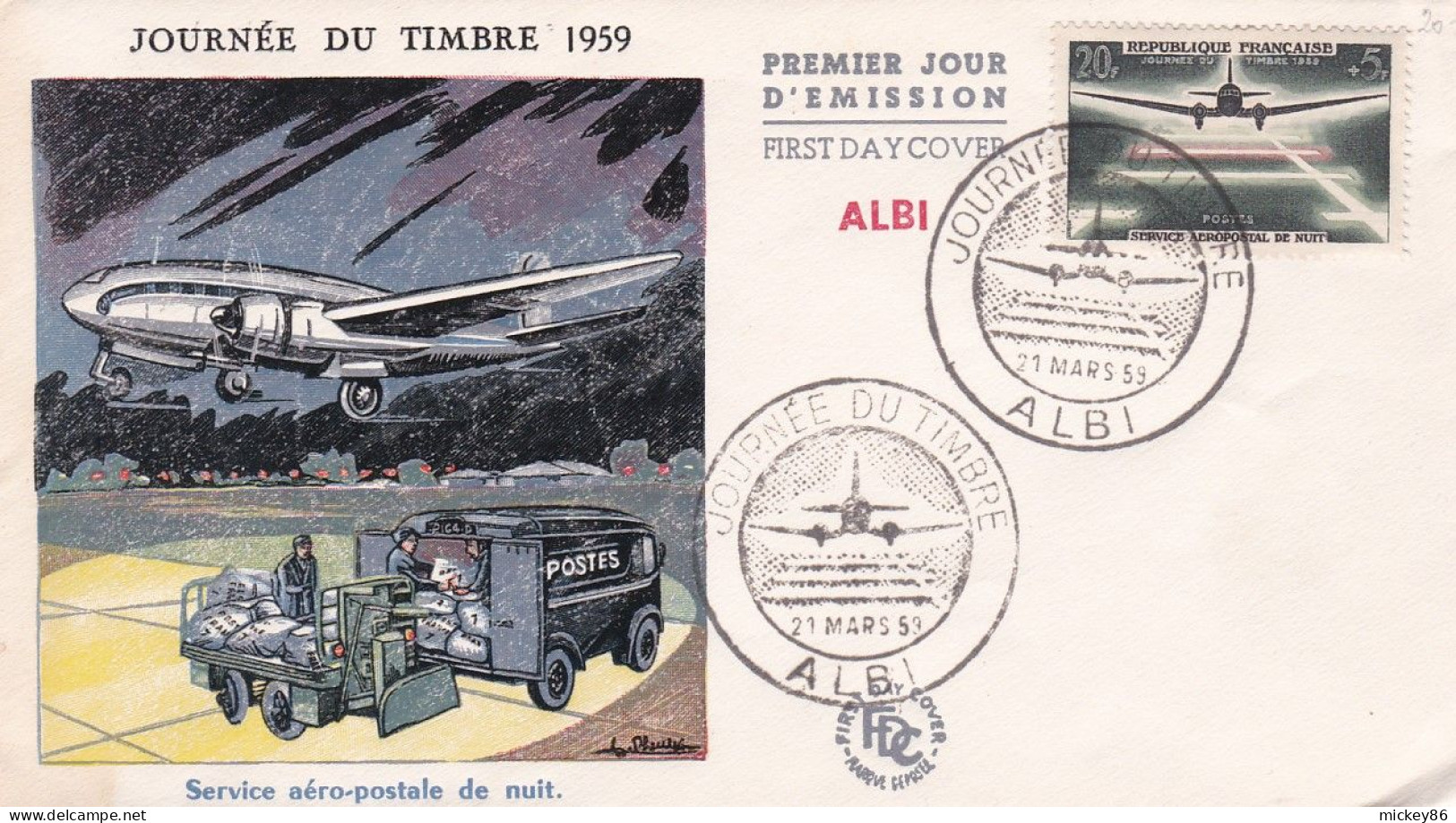 FDC--1959 - Journée Du Timbre " Service Aéropostal De Nuit " (avion)...cachet  ALBI - 81 - 1950-1959
