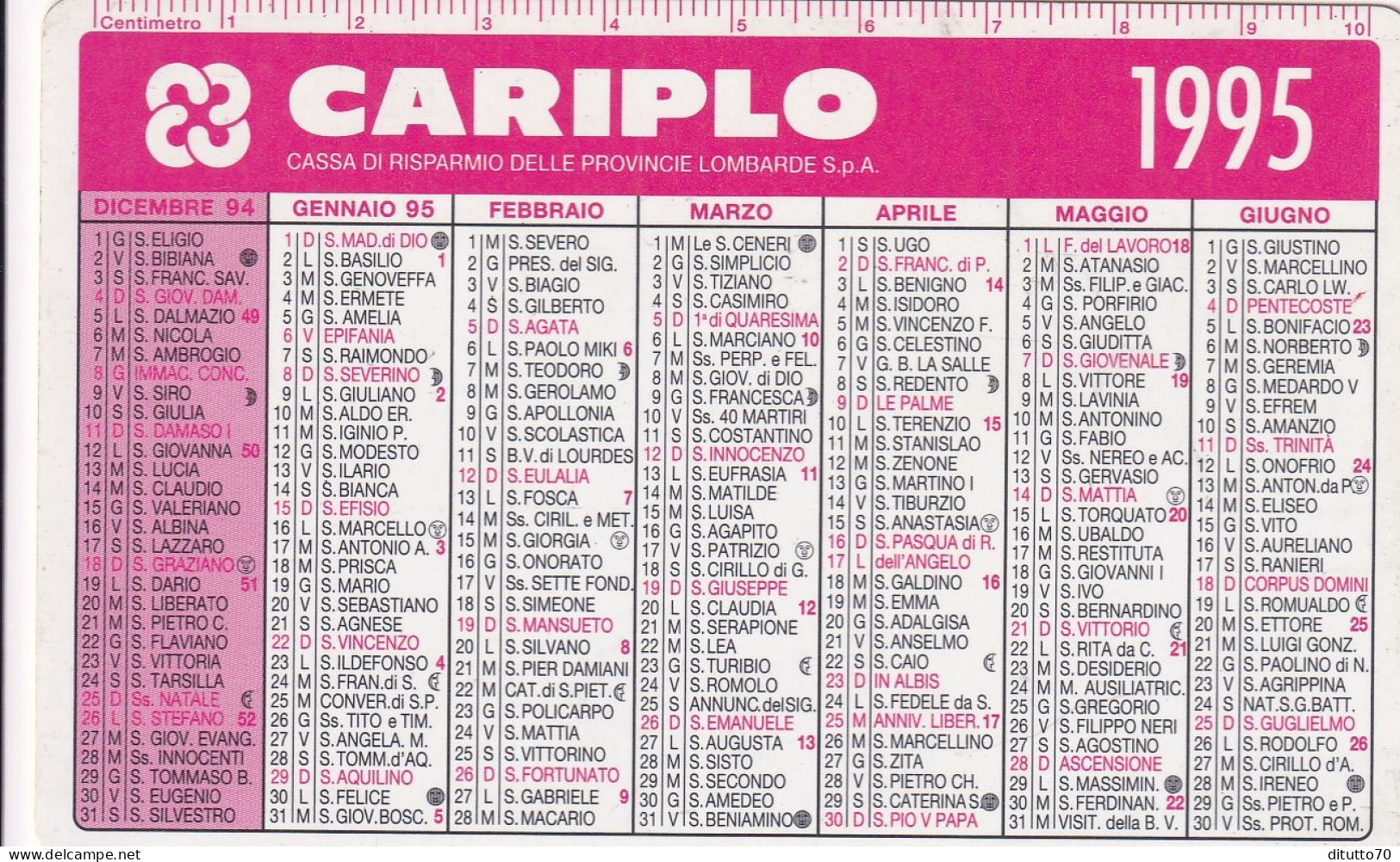 Calendarietto - Cariplo- Cassa Di Risparmio Delle Province Lombarde - Anno 1995 - Petit Format : 1991-00