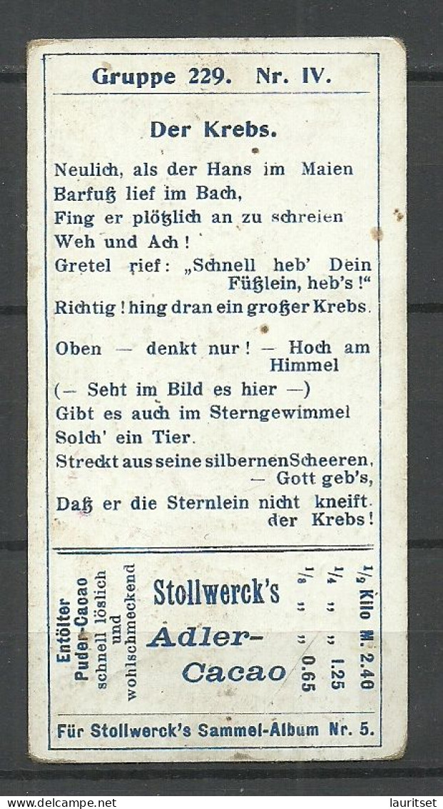 Ca. 1902 Stollwerck Sammel-Album No 5 Sternbilder Der Krebs Gruppe 229 No 4 Gedicht - Stollwerck