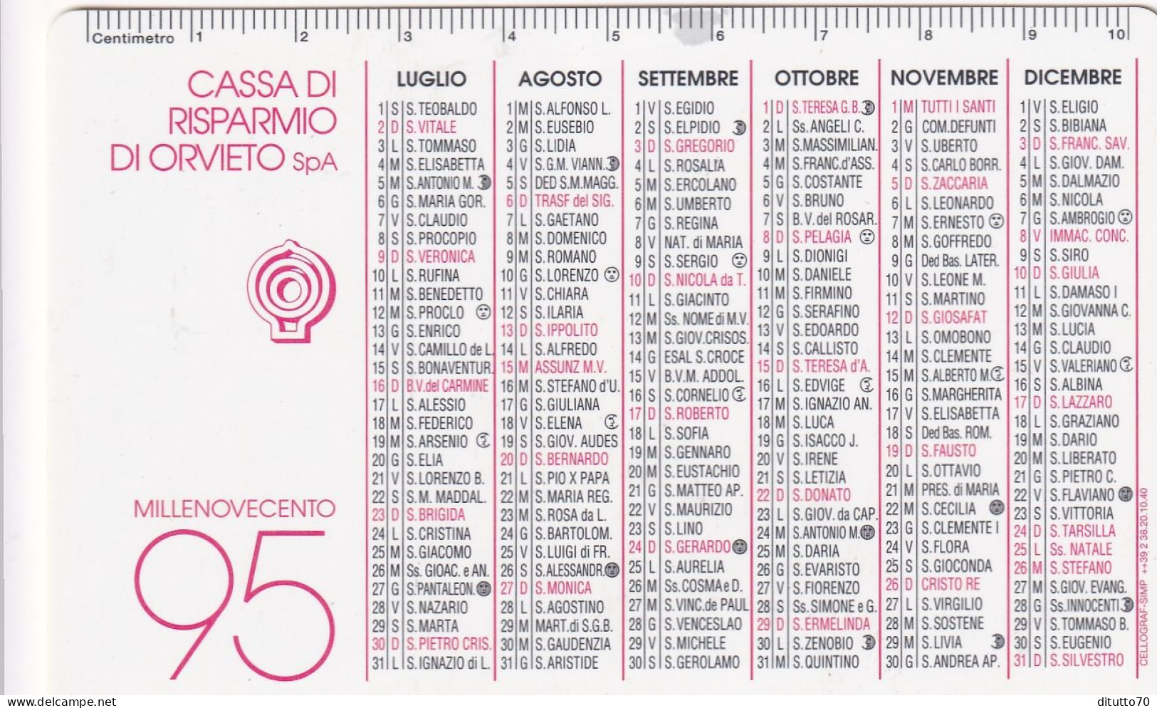 Calendarietto - Cassa Di Risparmio Di Orvieto  - Anno 1995 - Petit Format : 1991-00