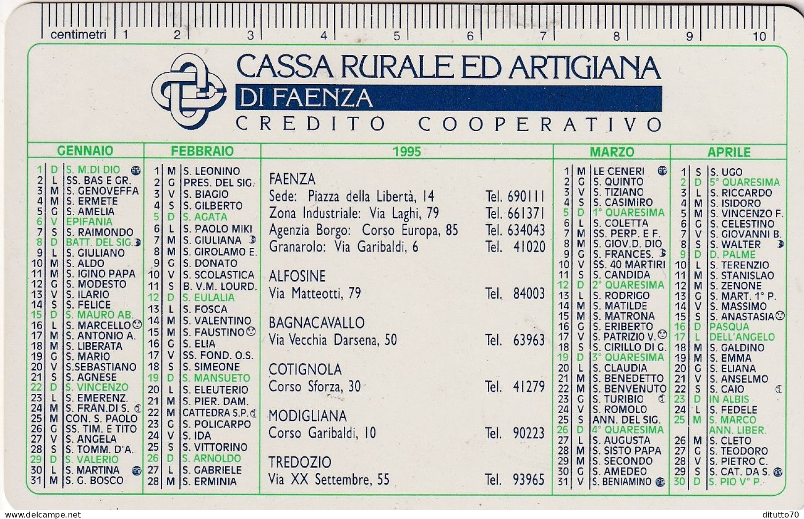 Calendarietto - Cassa Rurale Artigiana Di Faenza - Anno 1995 - Small : 1991-00