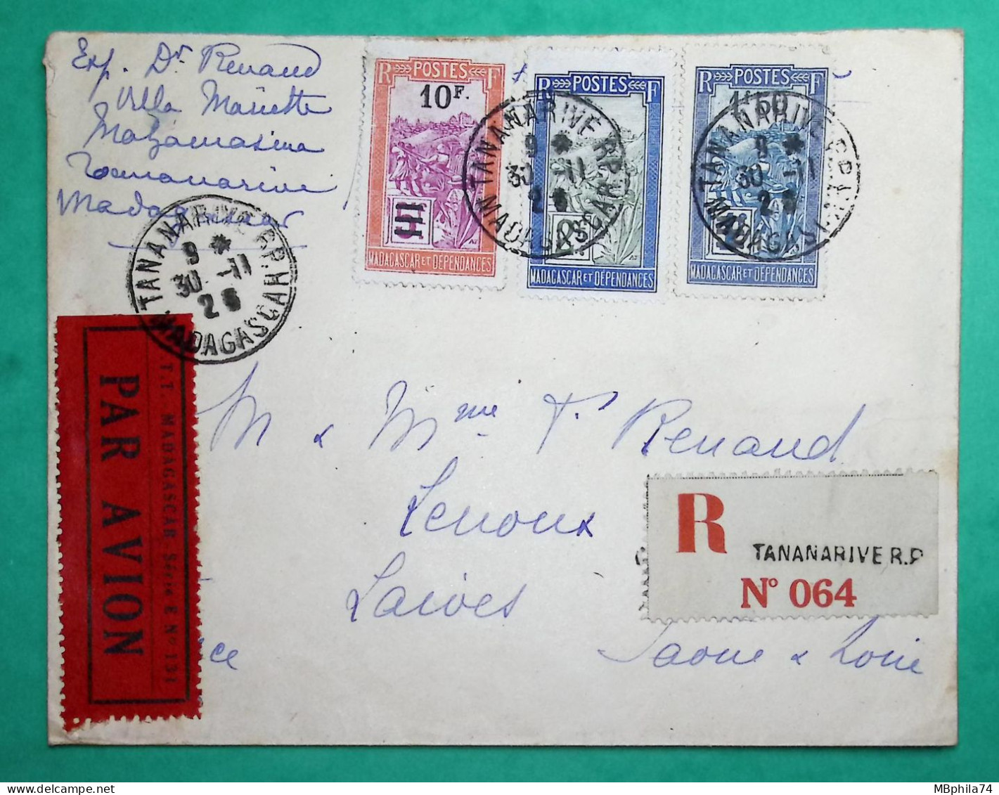 RECOMMANDE PAR AVION TANANARIVE MADAGASCAR POUR LAIVES SAONE ET LOIRE 1930 LETTRE COVER FRANCE - Airmail