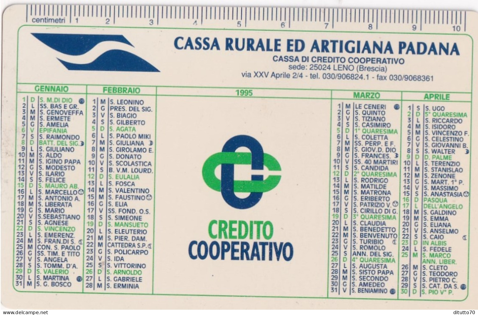 Calendarietto - Cassa Rurale Artigiana Padana - Leno - Brescia - Anno 1995 - Small : 1991-00