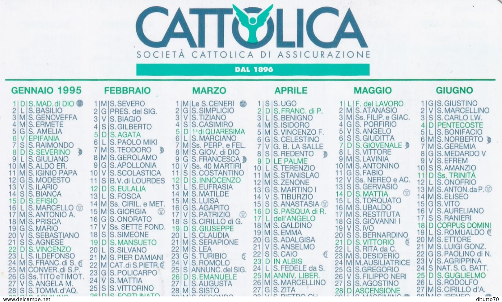 Calendarietto - Cattolica Assicurazione - Verona - Anno 1995 - Petit Format : 1991-00