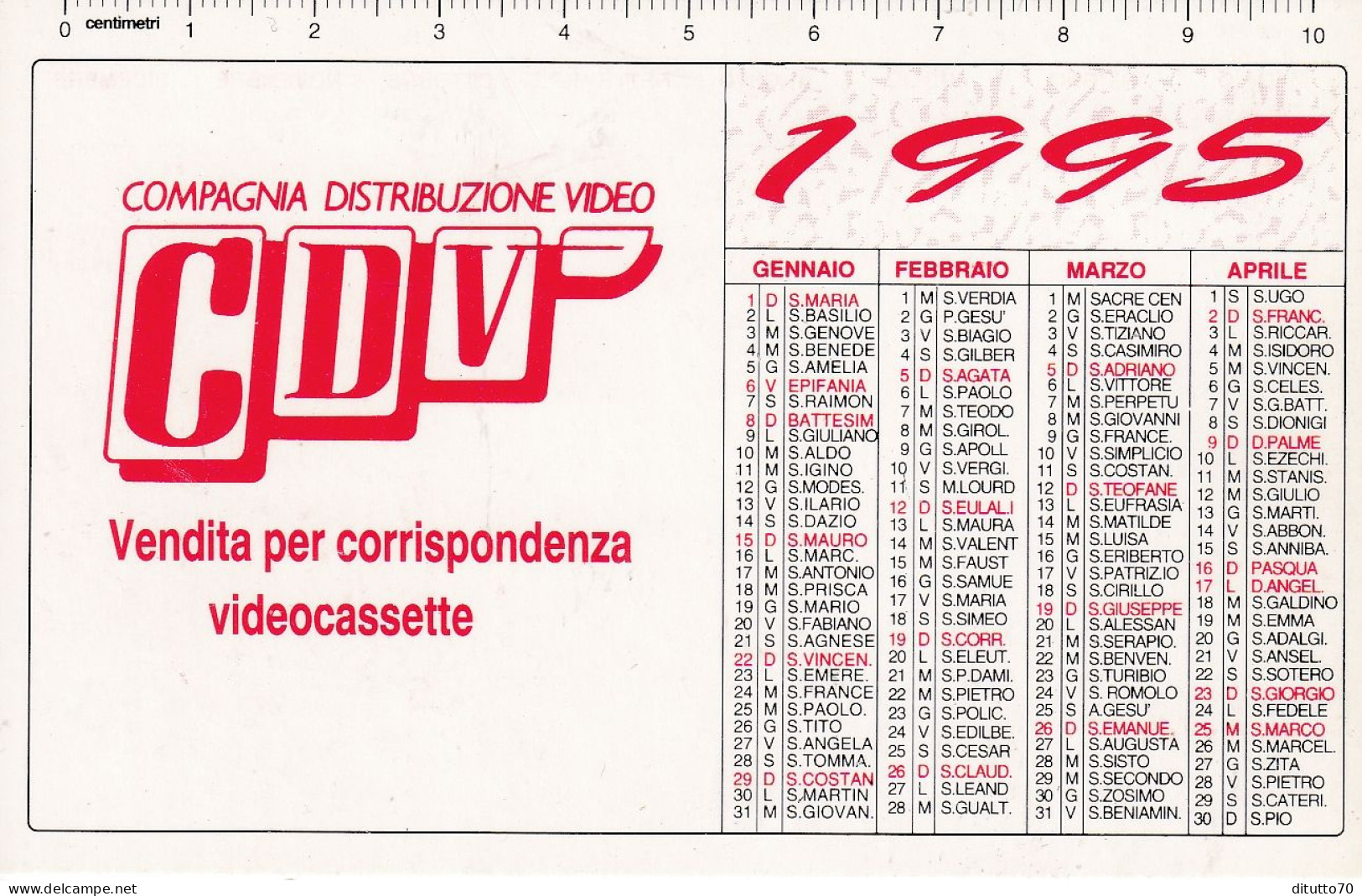 Calendarietto - CDV - Compagnia Distribuzione Video - Salsomaggiore Terme - Parma - Anno 1995 - Small : 1991-00