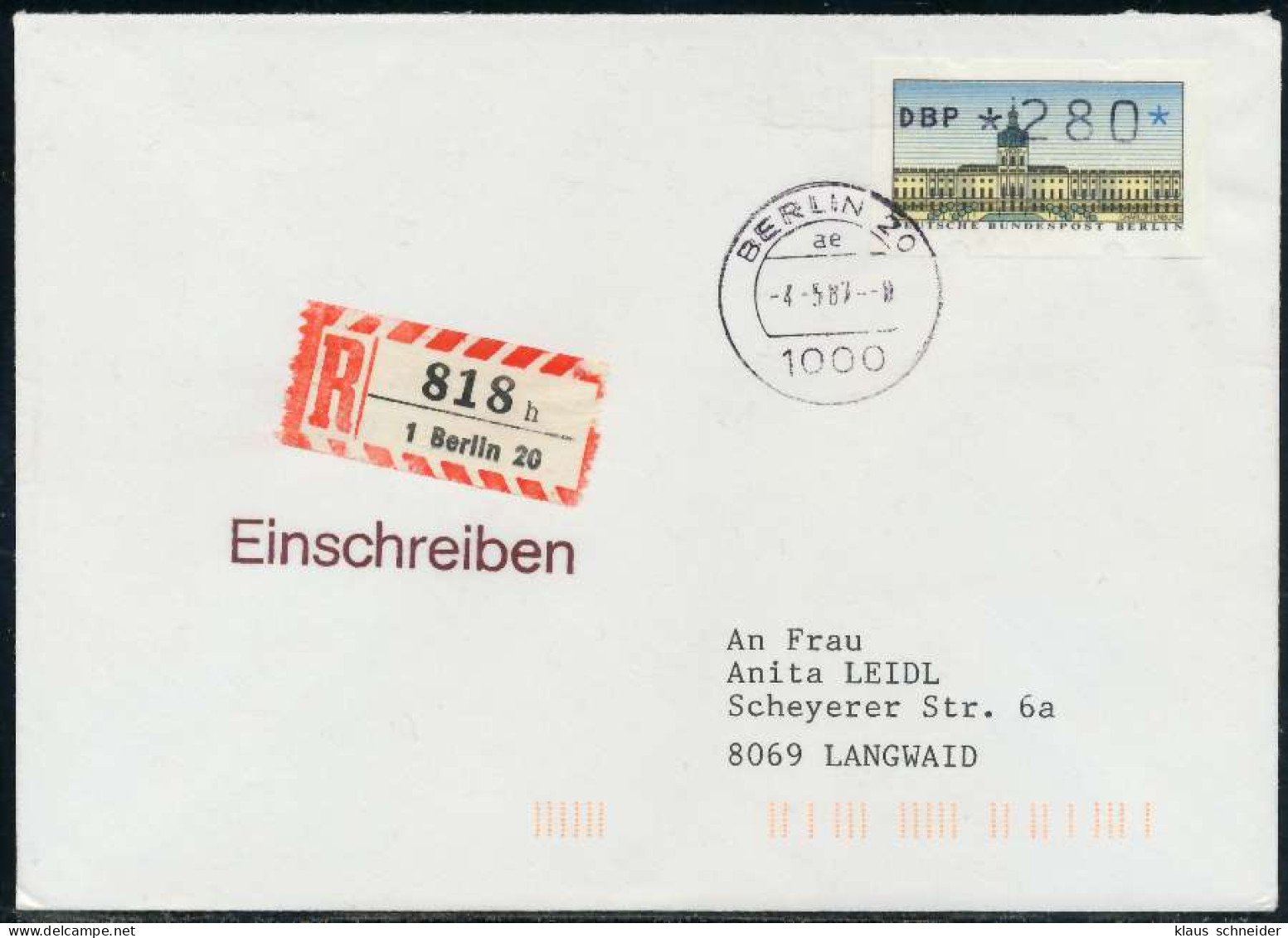 BERLIN ATM 1-280 BRIEF EINSCHREIBEN FDC X7E469A - Covers & Documents