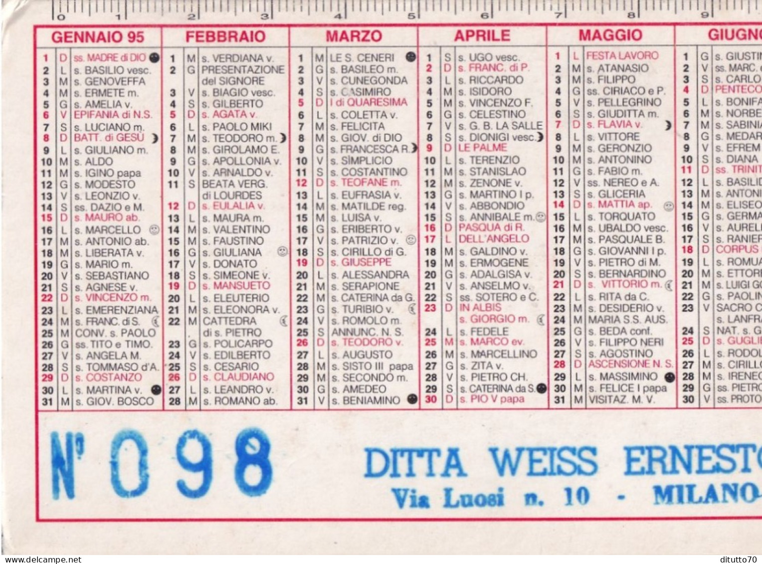 Calendarietto - Ditta Weiss Ernesto - Milano - Anno 1995 - Petit Format : 1991-00