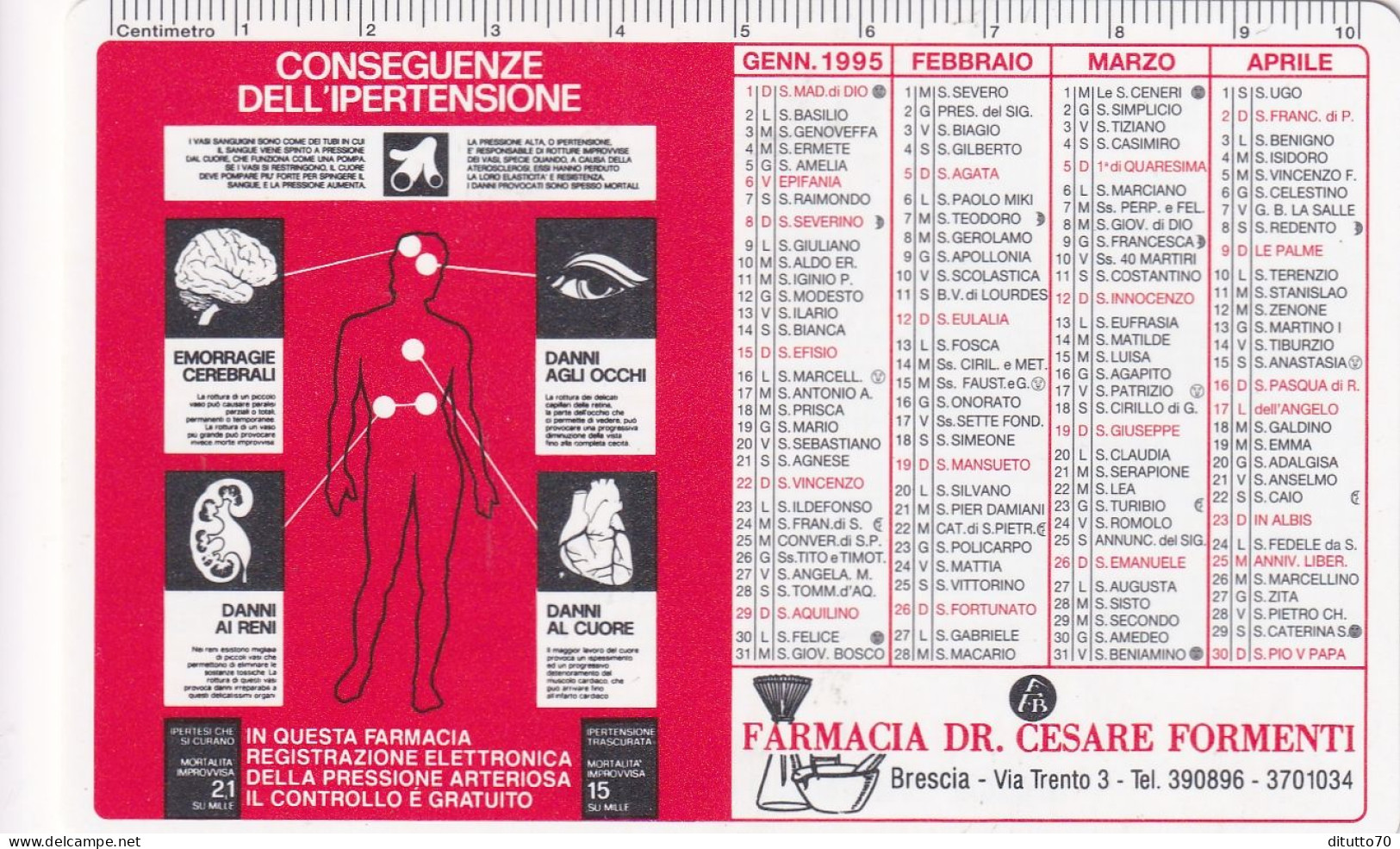 Calendarietto - Farmacia Dr.cesare Formetti - Brescia - Anno 1995 - Petit Format : 1991-00