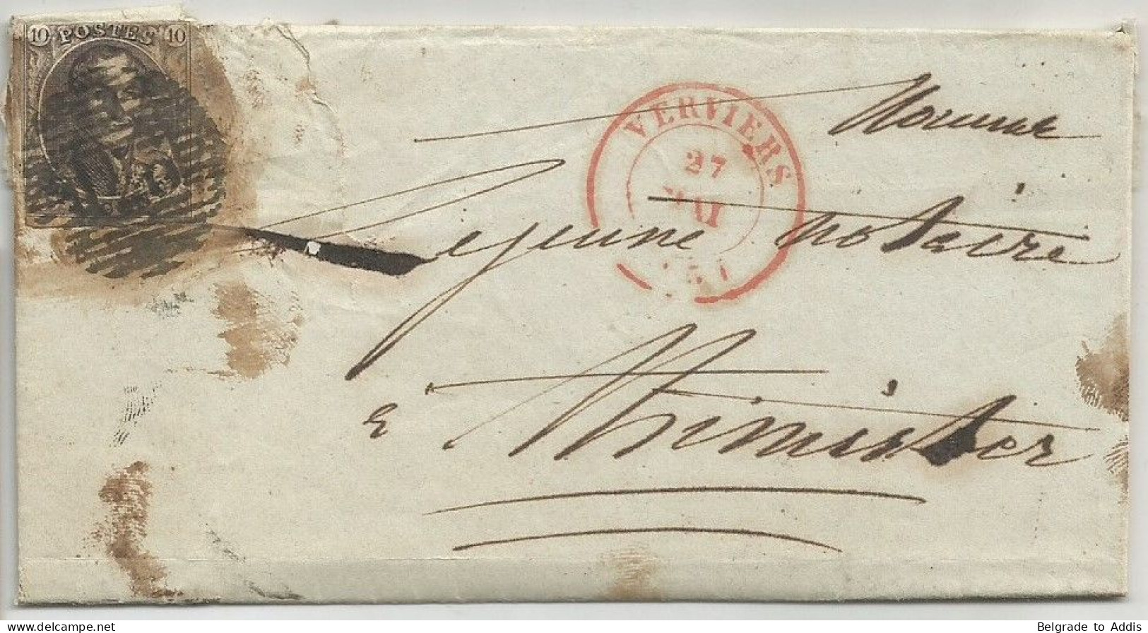 Belgique Belgie Belgium COB 6 Médaillon Oblit. 123 Verviers Sur Lettre Entière Vers Thimister (cachet Herve) Used 1851 - 1851-1857 Médaillons (6/8)