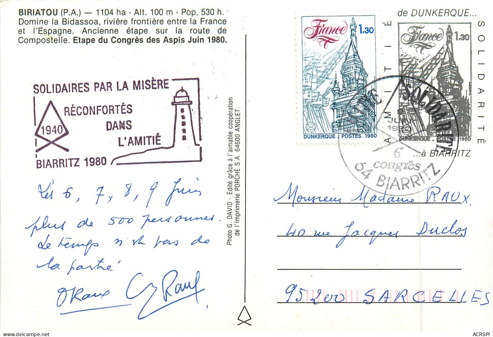  PYRENEES ATLANTIQUES BIRIATOU ETAPE CONGRES DES ASPIS JUIN 1980 (scan Recto-verso) KEVREN0351 - Biriatou