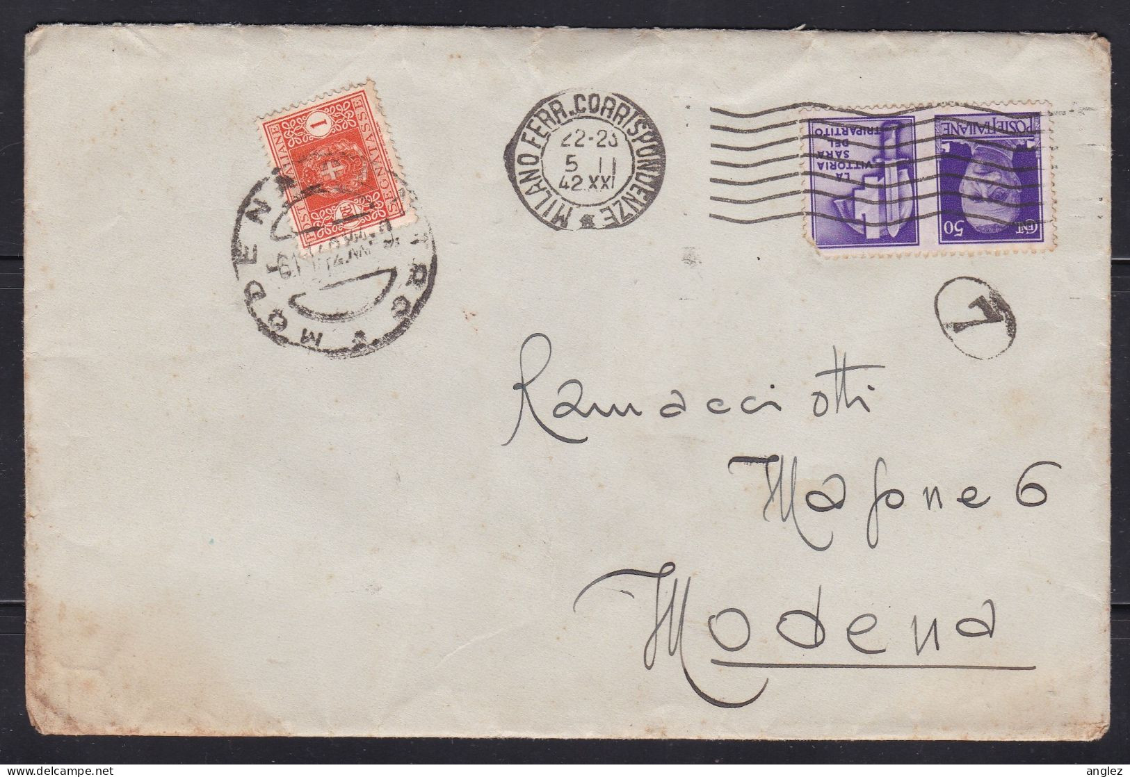 Italy - 1942 Cover Milan To Modena With Postage Due / Segnatasse Stamp - Taxe