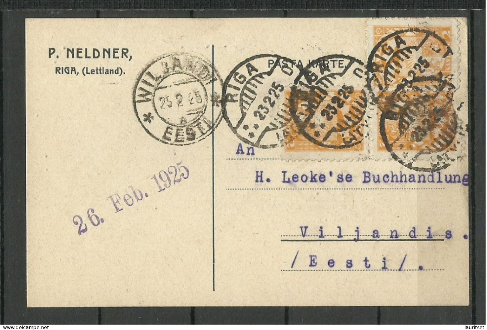 LATVIA Lettland 1925 Commercial Post Card P. Neldner Riga Sent To Estonia Fellin Wiljandi Michel 90 X 3 - Lettonie