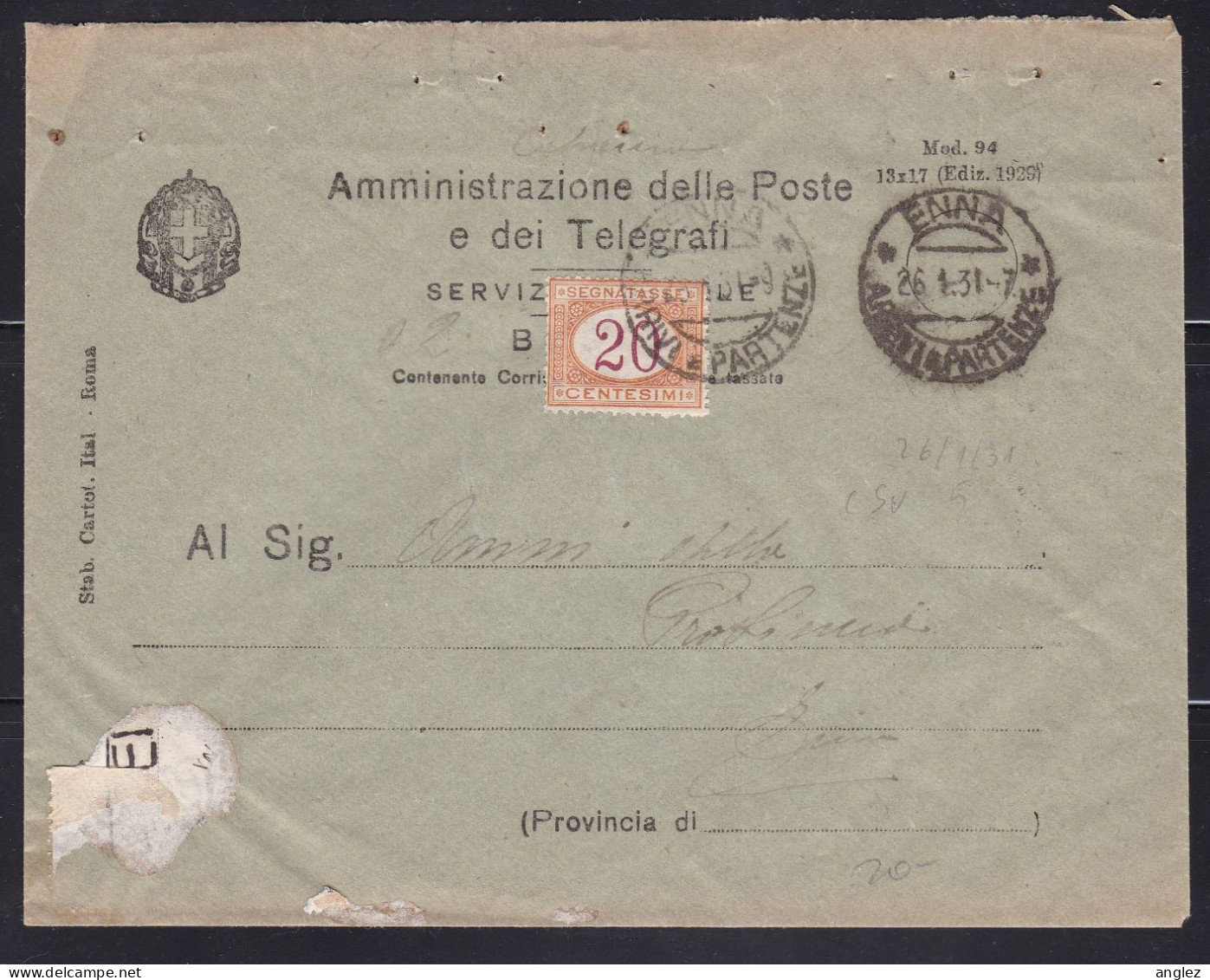 Italy - 1931 PTT Official Cover Enna Local With Postage Due / Segnatasse Stamp - Taxe