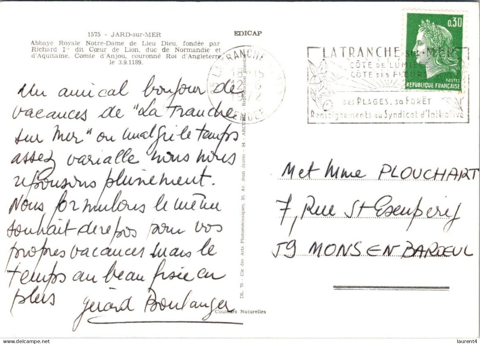 10-4-2024 (1 Z 31) FRance - Posted 1972 - Abbaye De Jard Sur Mer - Kirchen U. Kathedralen